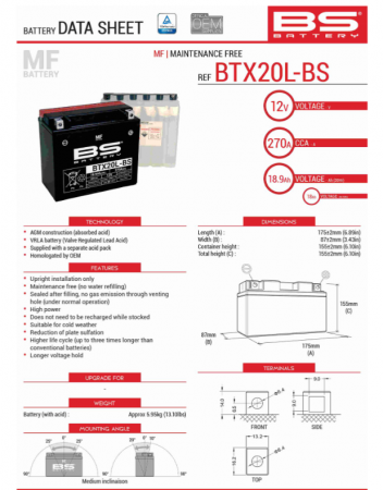 Baterii/Acumulatori - Baterie BS BTX20L-BS (YTX20L-BS) 12V 18AH 175X86X154
