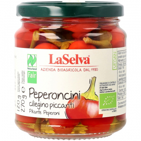 Antipasti bio - Ardei rosii iuti bio in otet de vin, 270 g