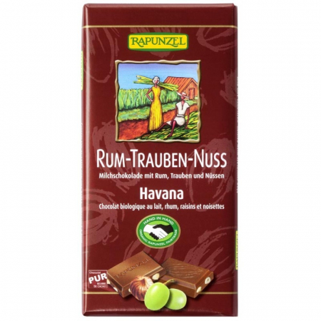 Ciocolata, cacao si cafea - Ciocolata bio cu stafide, alune si rom, 100 g