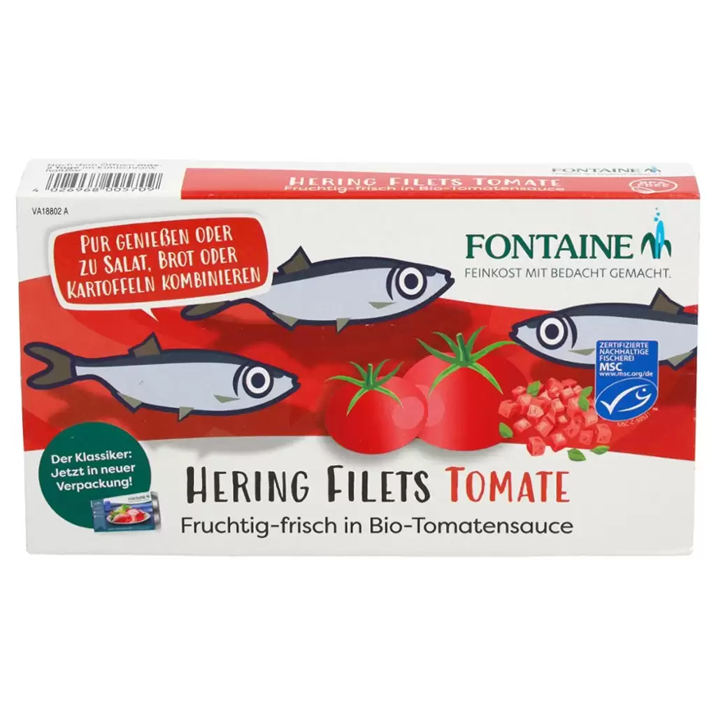 Conserve de peste bio - FIle de hering in sos bio de tomate cu bucati de tomate, 200 g