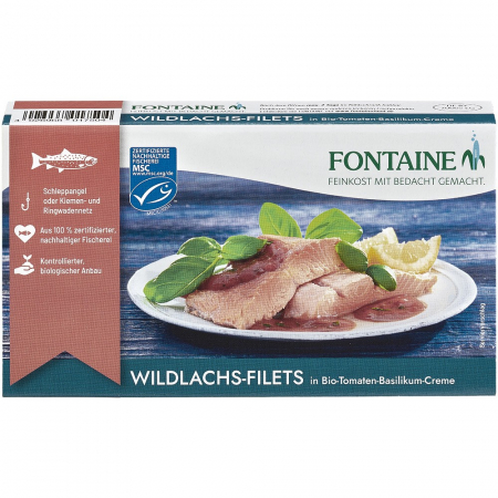 Conserve de peste bio - File de somon salbatic in sos de tomate cu busuioc, 200 g