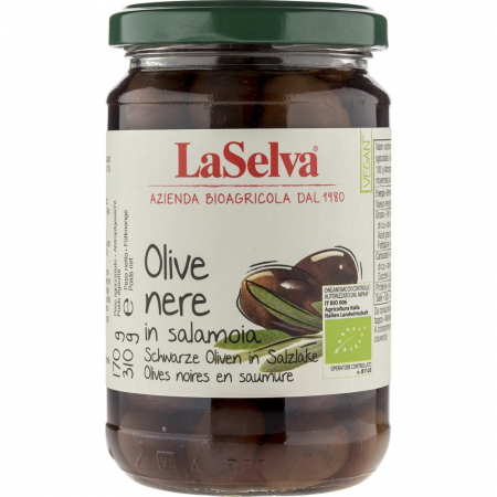 Masline bio - Masline negre bio cu samburi in saramura, 310 g
