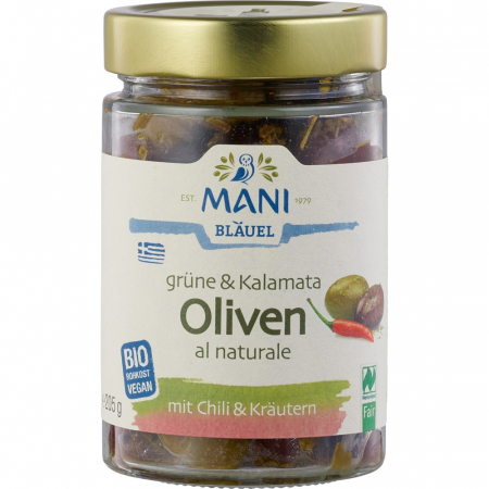 Masline bio - Masline verzi si Kalamata crude cu chili si ierburi, 205 g