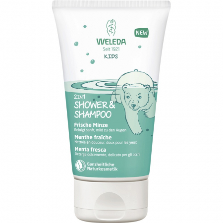 Cosmetice bio pentru copii - Sampon si gel de dus cu menta 2 in 1 pentru copii, 150 ml