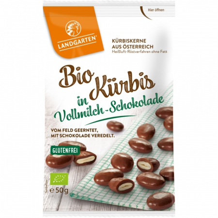 Bomboane bio - Seminte de dovleac in ciocolata cu lapte, 50 g