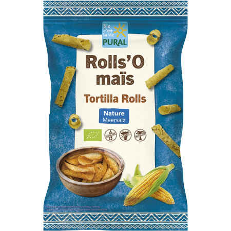Sticksuri, chipsuri si covrigei - Tortilla rolls bio din porumb cu sare de mare, fara gluten, 125 g