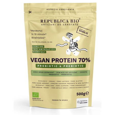 Pudre proteice bio - Vegan Protein bio 70% Probiotic si Prebiotic, gust de vanilie, eco, 500 g
