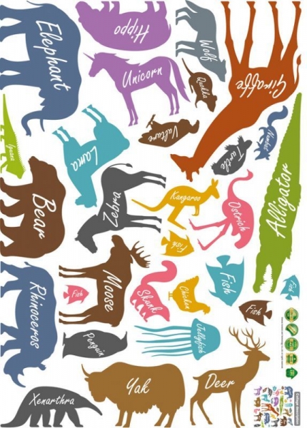 Autocolant educativ  - Siluetele animalelor si denumirea lor - 65x60 cm [6]