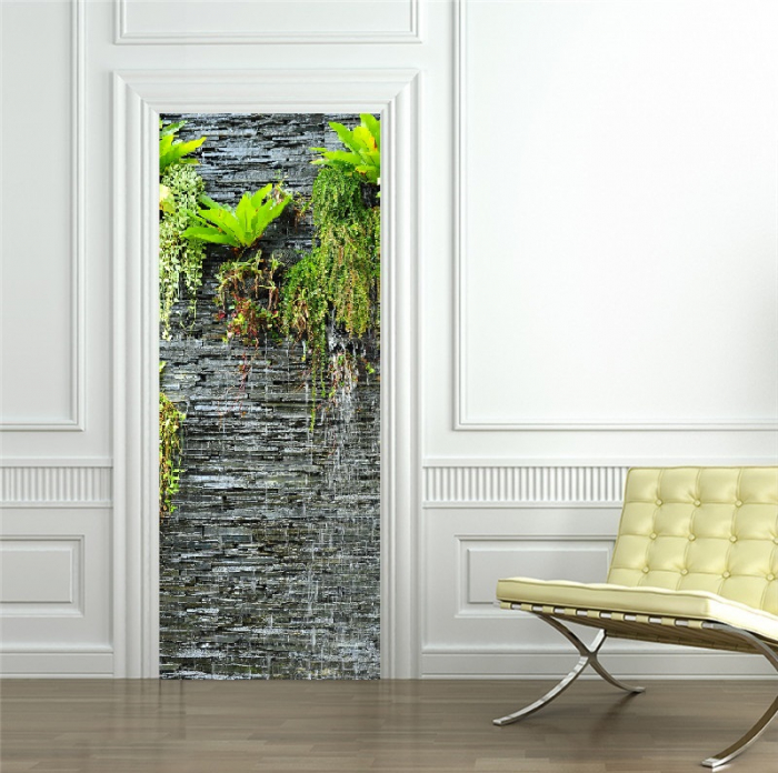 Autocolant usi interior -Cascada Perete Piatra si Plante Verzi - 1 folie de 77x200 cm [3]