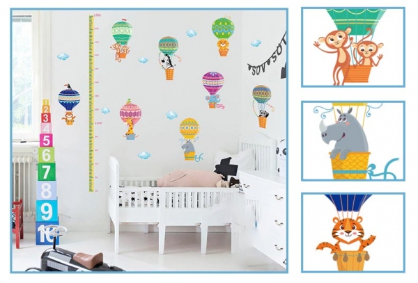 Sticker copii masurator inaltime cu animale in baloane cu aer cald - grafic de crestere [8]