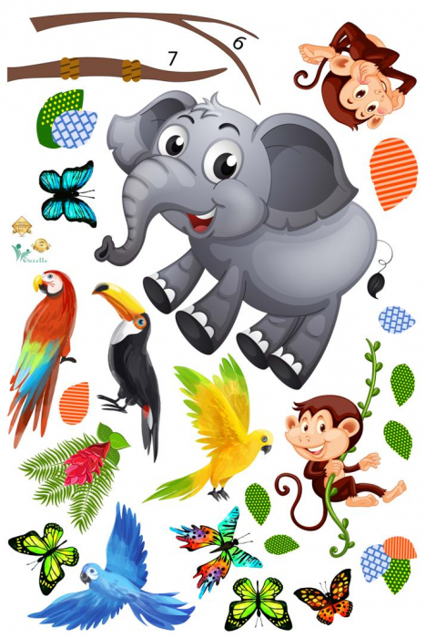 Sticker decorativ - Maimute in copaci, elefant si girafa - 230x140 cm [3]