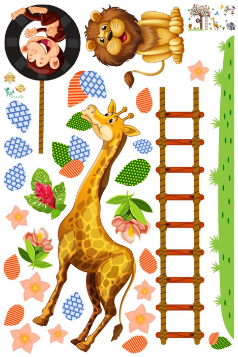 Sticker decorativ - Maimute in copaci, elefant si girafa - 230x140 cm [2]
