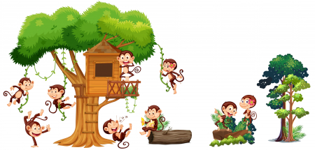 Stickere Jungla Cu Animale, Copaci, Flori, Castele - Autocolant camere copii - Casa Maimutelor - 60x90 cm