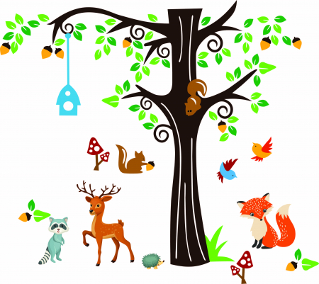 Stickere Jungla Cu Animale, Copaci, Flori, Castele - Autocolant Vulpe in Padure - 2 folii de 60x90 cm