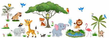 Stickere Jungla Cu Animale, Copaci, Flori, Castele - Autocolant camere copii - Animale in Savana - 2 coli de 60x90 cm