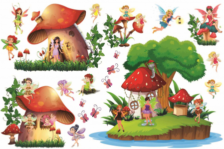 Stickere Jungla Cu Animale, Copaci, Flori, Castele - Stickere copii - Lumea zanelor - 160x50 cm