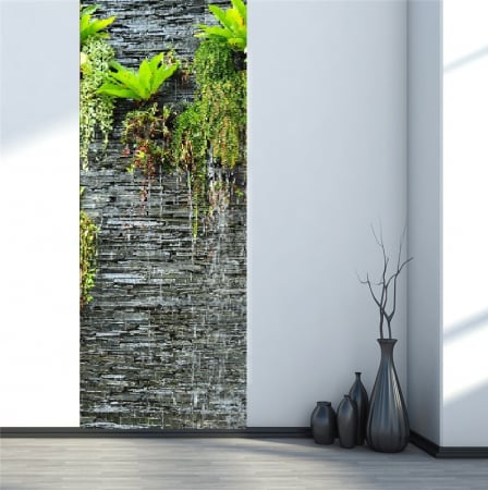 Autocolant usi interior -Cascada Perete Piatra si Plante Verzi - 1 folie de 77x200 cm [1]