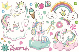 Stickere Fluturi, Animale, Pasari Si Pesti - Autocolante pereti - Inorogi pe norisori - 60x90 cm