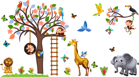 Sticker decorativ - Maimute in copaci, elefant si girafa - 230x140 cm [0]