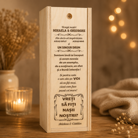 Cutie din lemn pentru vin - Cutie lemn personalizata gravura - Vreti sa fiti nasii nostri 2