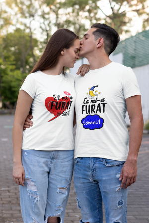 Tricouri personalizate - Set tricouri cuplu personalizate - El sarut / Ea inima