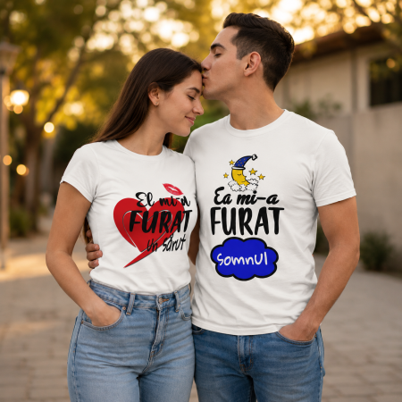 Tricouri personalizate - Set tricouri cuplu personalizate - El sarut / Ea inima