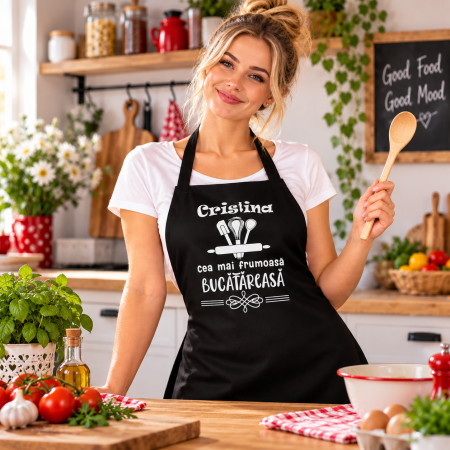 Sort personalizat - Sort de bucatarie personalizat cu mesaj - Cea mai frumoasa bucatareasa
