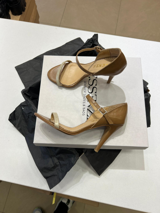 Sandale din piele naturala maro box, cu toc stiletto si staif inchis la calcai [1]