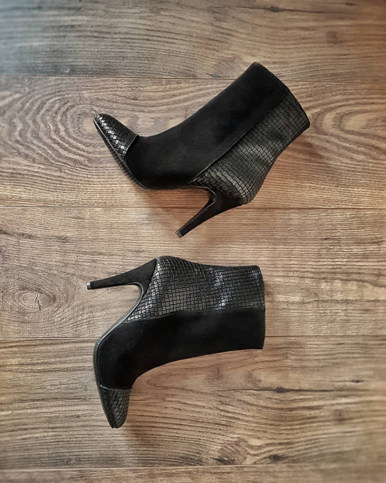 Botine Stiletto din piele naturala negru texturat si piele intoarsa neagra cu toc de 8,5cm [1]