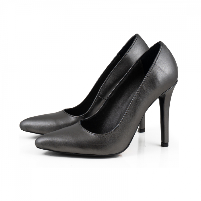 Pantofi Stiletto din piele naturala gri inchis platina [2]