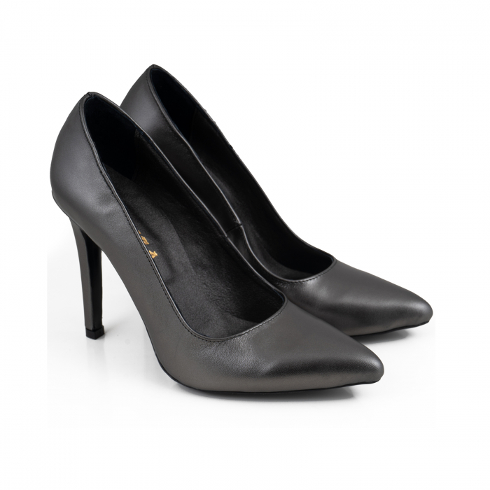 Pantofi Stiletto din piele naturala gri inchis platina [3]