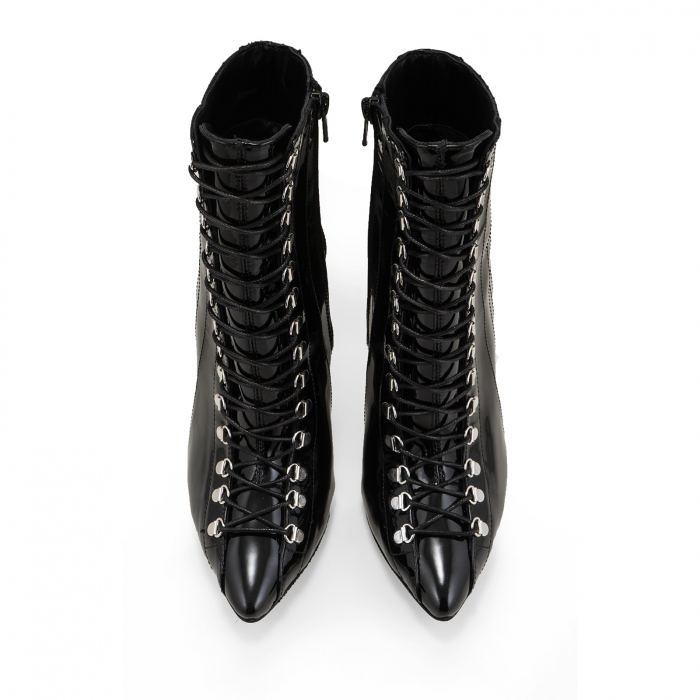Botine Stiletto cu siret si capse metalice, din piele naturala lacuita neagra [4]