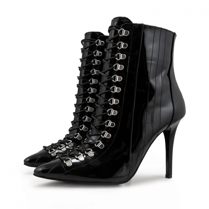 Botine Stiletto cu siret si capse metalice, din piele naturala lacuita neagra [7]