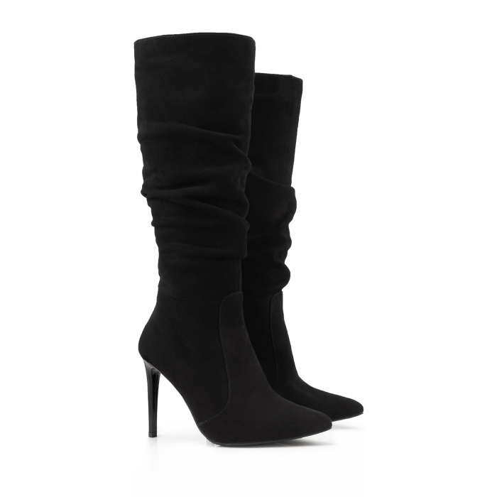 Cizme stiletto, cu pliuri, din piele intoarsa neagra [2]