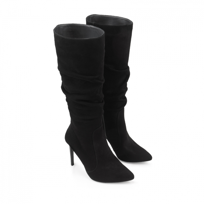 Cizme stiletto, cu pliuri, din piele intoarsa neagra [4]