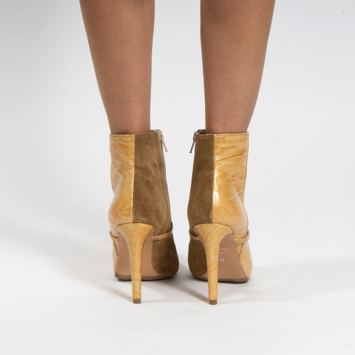 Botine din piele naturala intoarsa maron mustar si piele lacuita camel cu umbre [4]