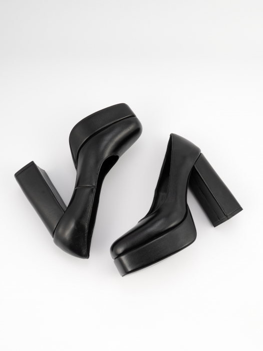Pantofi din piele naturala, neagra, cu toc gros, varf patrat [2]