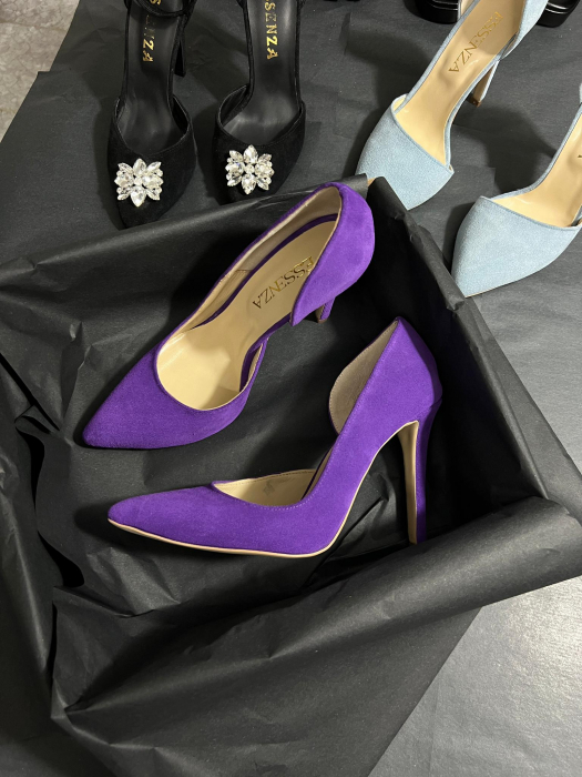 Pantofi stiletto, cu decupaj interior, din piele naturala intoarsa mov [1]
