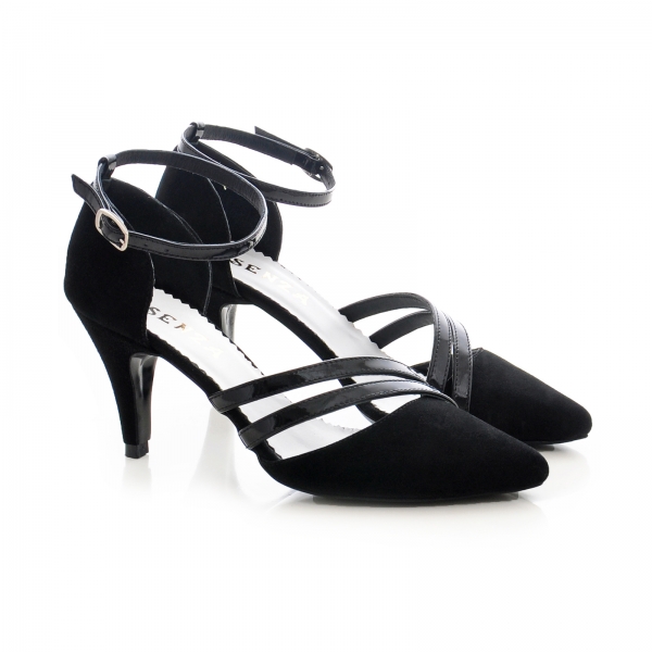 Pantofi din piele intoarsa neagra, cu decupaj si barete din piele lacuita neagra [2]