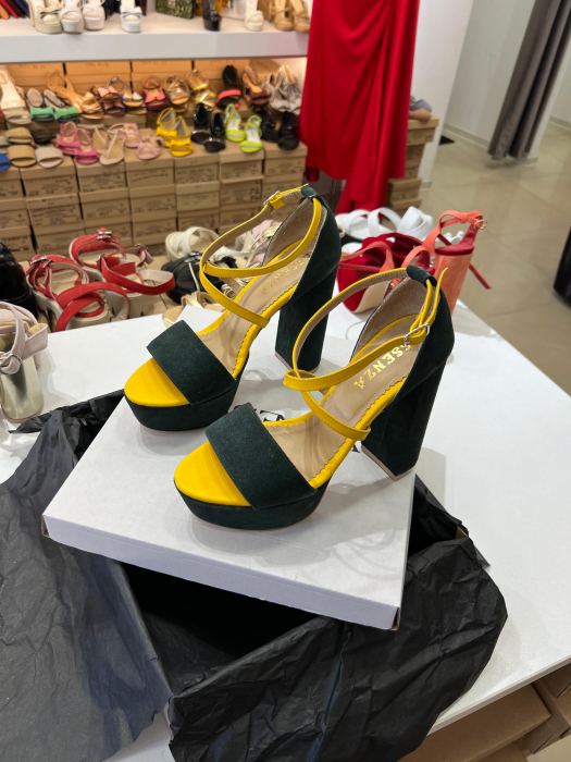 Sandale din piele intoarsa verde si piele box galbena, cu barete incrucisate [2]