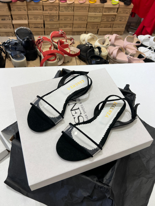 Sandale cu talpa joasa, din piele intoarsa neagra si plastic transparent [4]