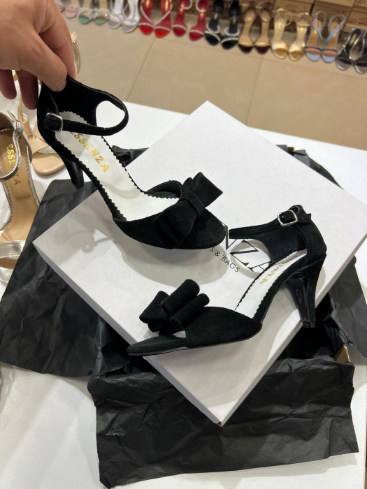 Sandale cu funde duble, din piele intoarsa neagra [3]