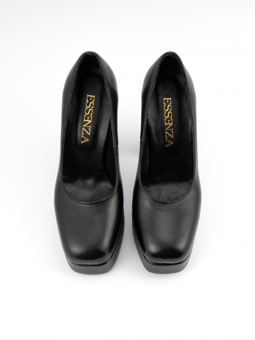 Pantofi din piele naturala, neagra, cu toc gros, varf patrat [4]