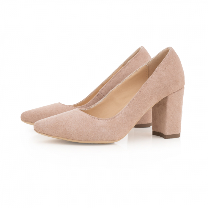Pantofi cu toc patrat, din piele naturala intoarsa, beige [2]