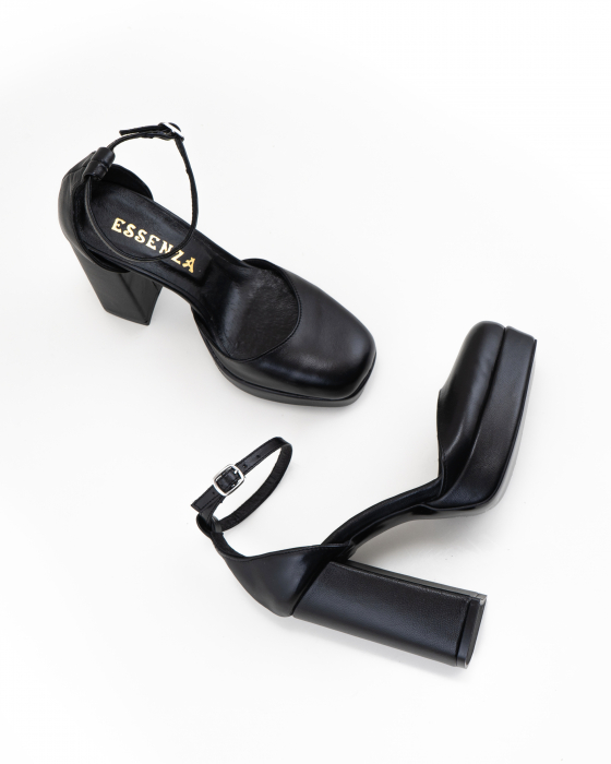 Pantofi din piele naturala, neagra, cu toc gros, varf patrat si decupaj interior-exterior [4]