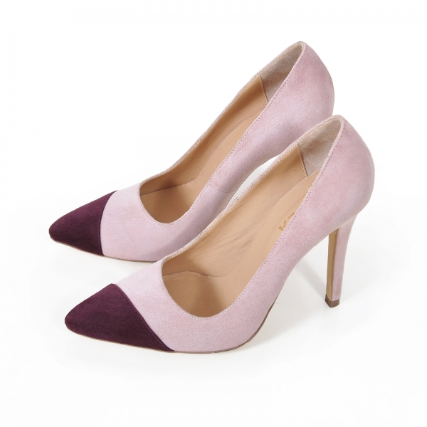 Pantofi stiletto din piele intoarsa roz si visinie [2]