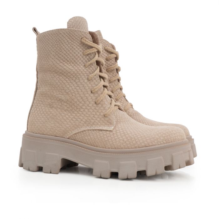 Bocanci cu siret, din piele naturala bej, cu presaj de sarpe [2]