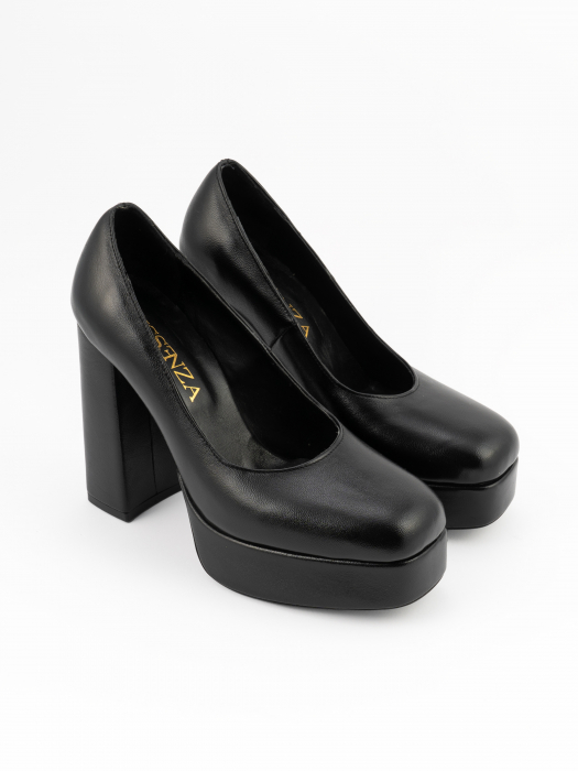 Pantofi din piele naturala, neagra, cu toc gros, varf patrat [5]