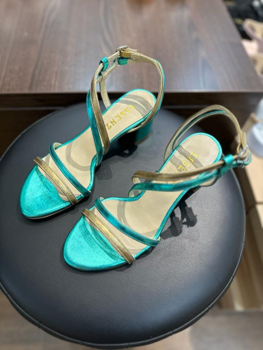 Sandale elegante din piele laminata turcoaz si aurie [5]