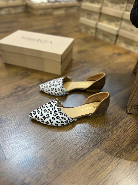Balerini decupati, cu varf ascutit, din piele intoarsa maron deschis si piele cu animal print [4]